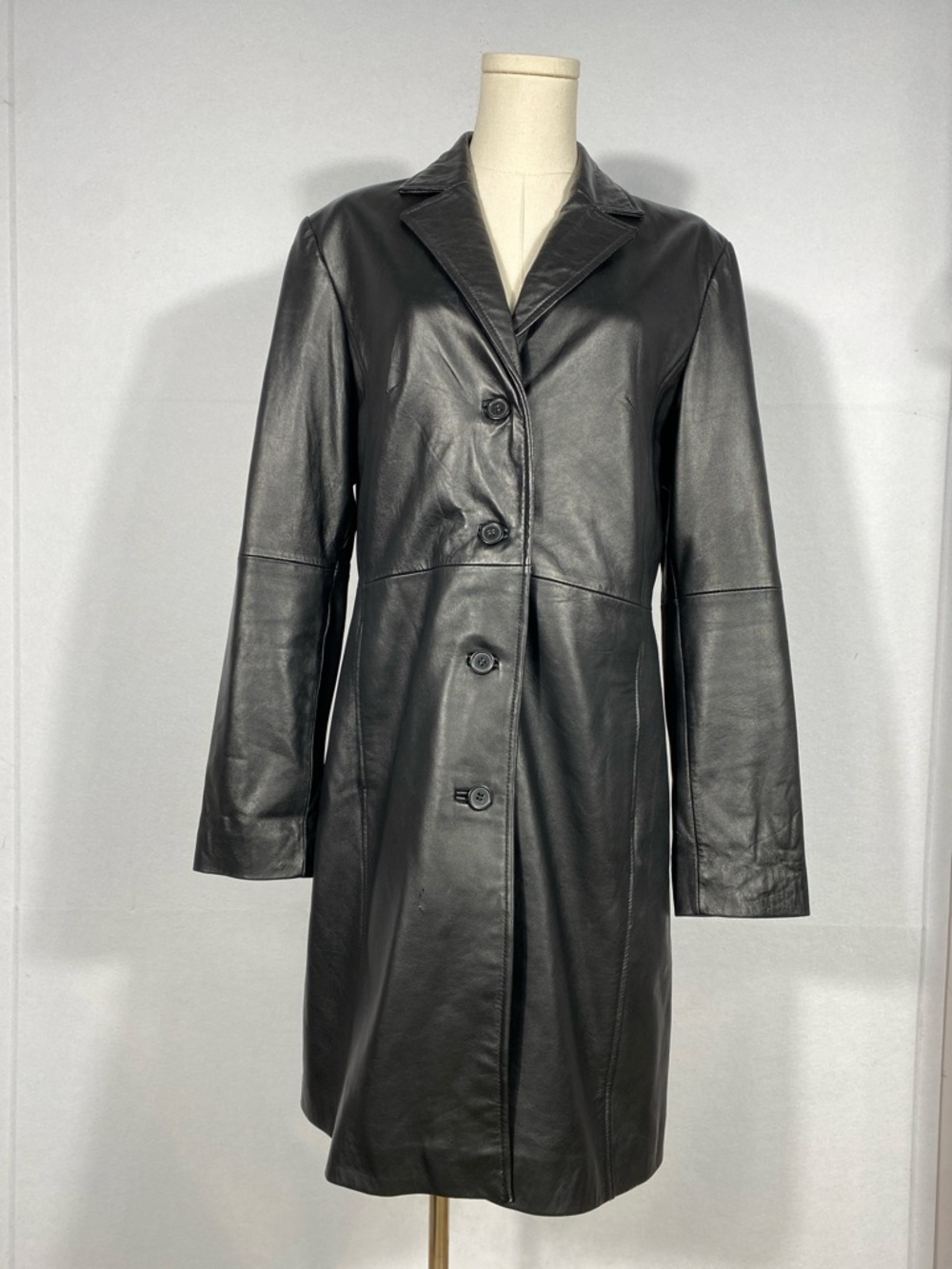 R&O Women's Long Black Leather Button-Front Coat 100% Leather Trench Medium